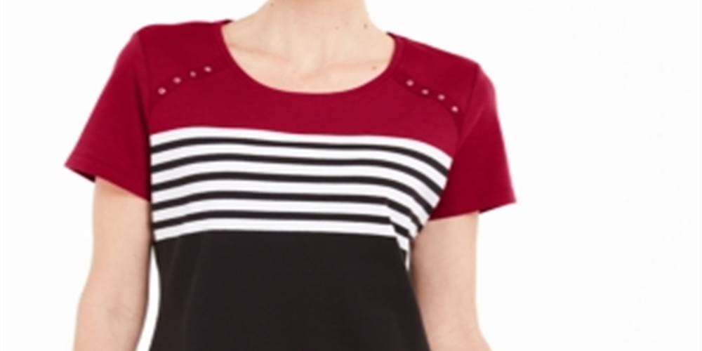Karen Scott Women's Tara Colorblocked Stripes Rivet Top Red Size S