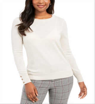 Charter Club Women's Merino Wool Button Cuff Crewneck Sweater Oat Size X-Small