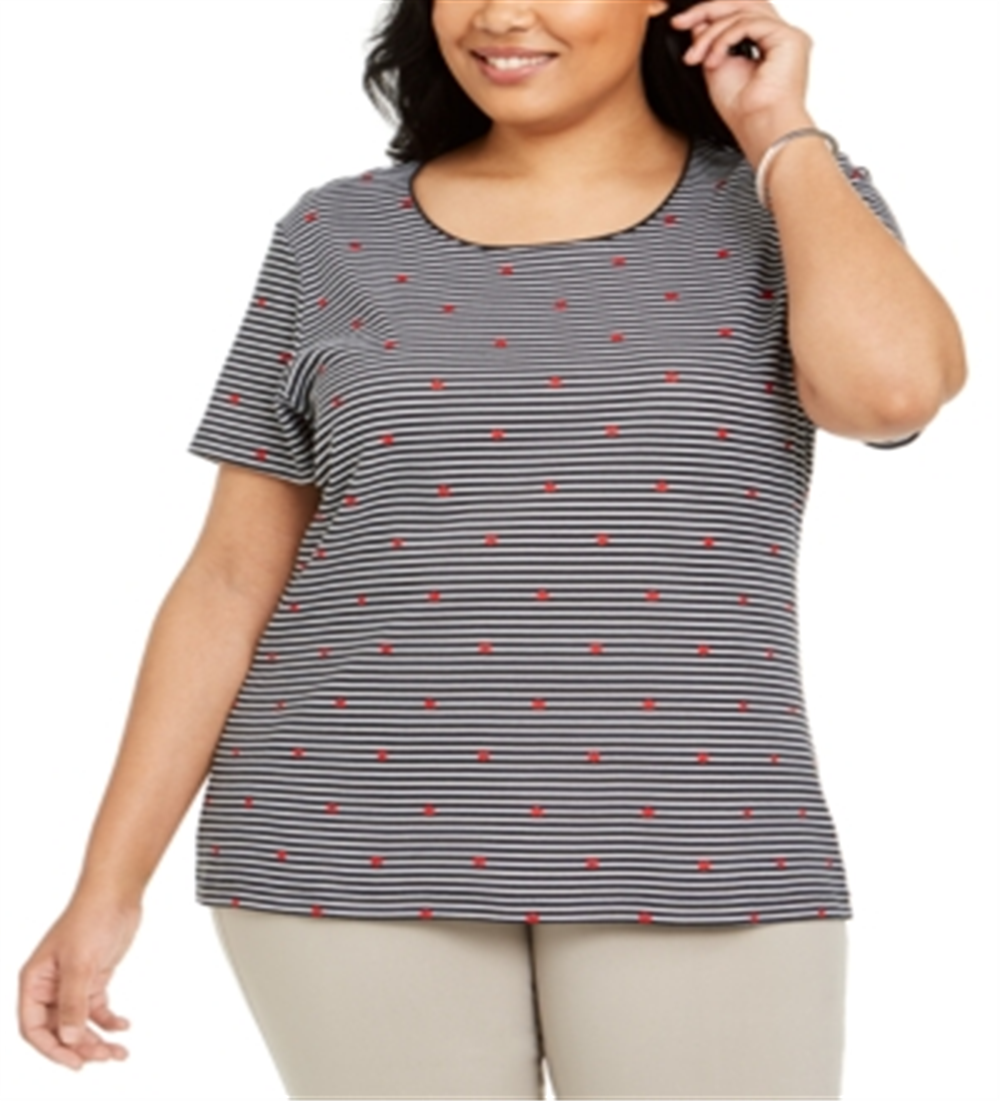 Karen Scott Women's Plus Striped Heart Print Top Black Size 2X