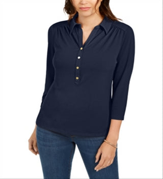 Charter Club Women's 3/4 Sleeve Polo Top Blue Size Petite XL