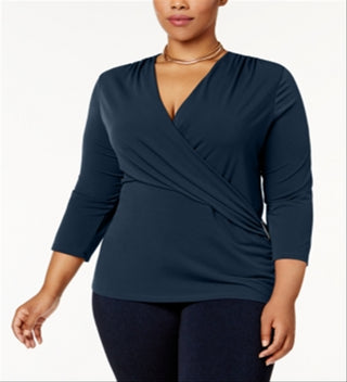 Charter Club Women's Plus Faux Wrap Hardware Top Blue Size 0X