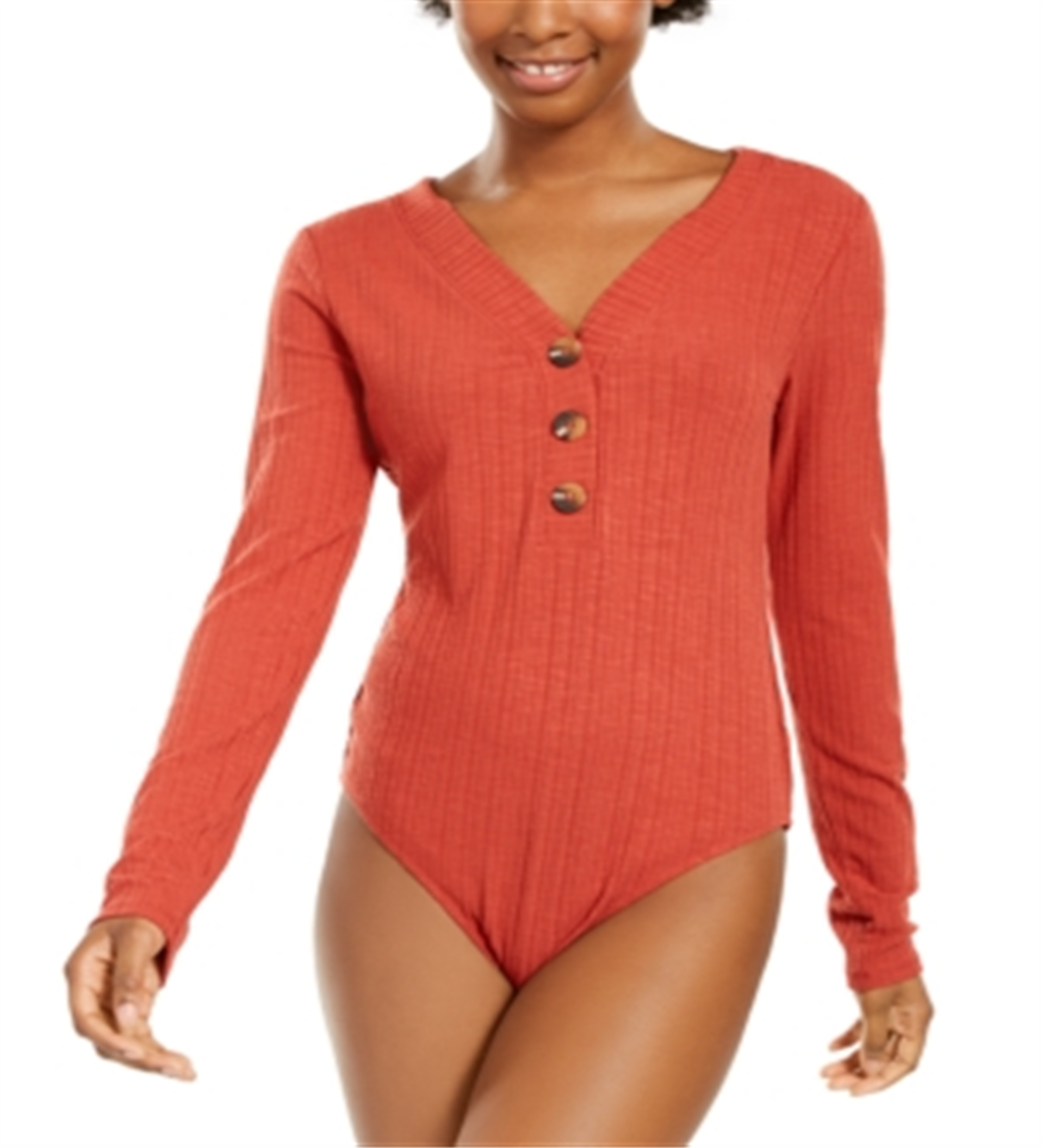 Hippie Rose Junior's Rib Knit Henley Bodysuit Red Size Large