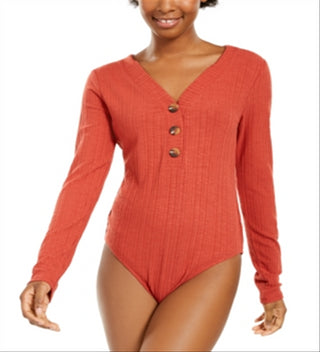 Hippie Rose Junior's Rib Knit Henley Bodysuit Red Size Large