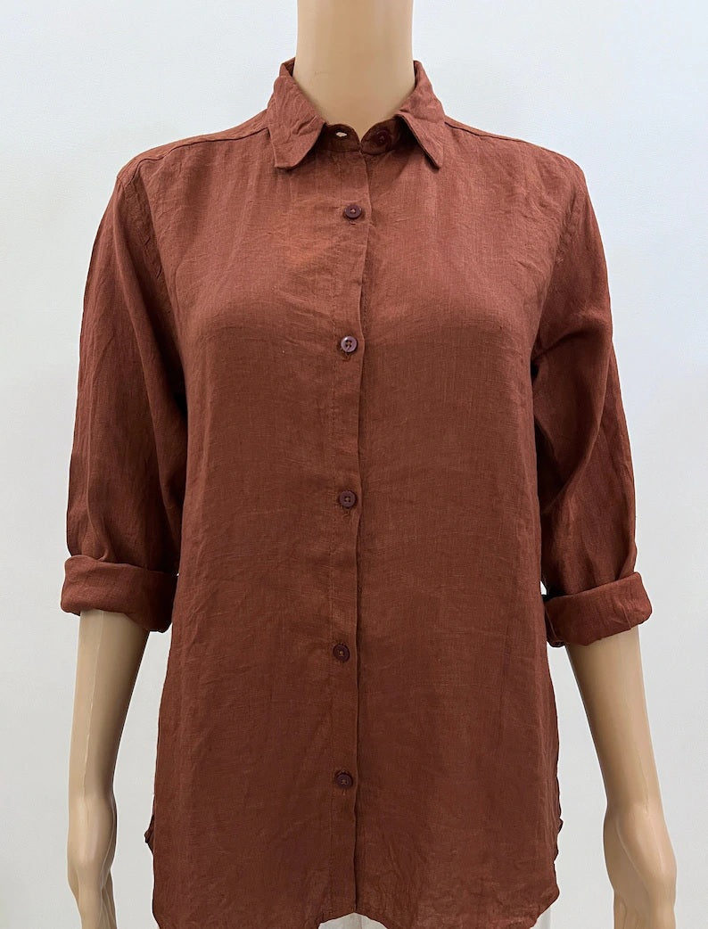 INC International Concepts Women's Vertical Stripe Button up Shirt Brown Size M