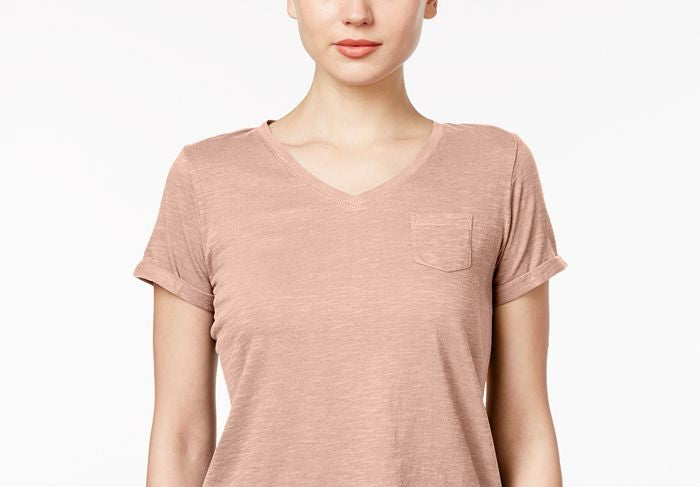 Style & Co Women's V Neck Pocket T-Shirt Yellow Size Petite L