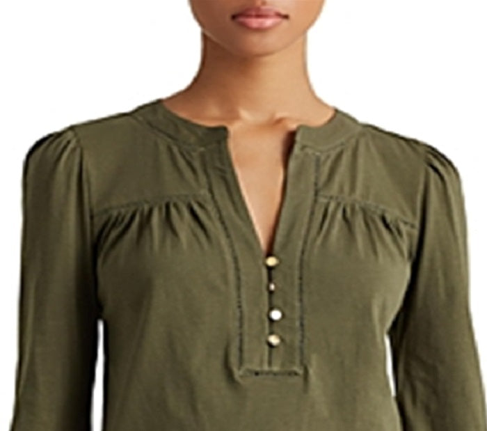 Ralph Lauren Women's Button Long Sleeve V Neck Top Green Size Medium