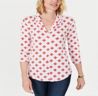 Charter Club Women's Pleated V Neck Printed Knit Shirt White Size Medium