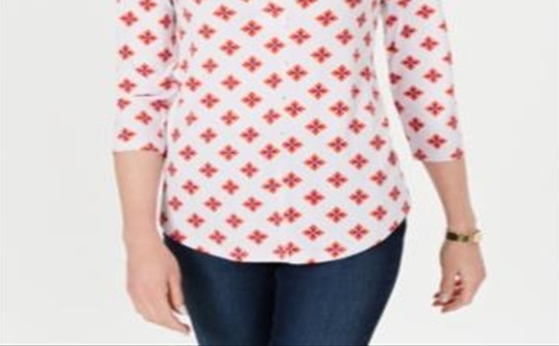 Charter Club Women's Pleated V Neck Printed Knit Shirt White Size Medium