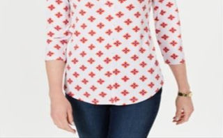 Charter Club Women's Pleated V Neck Printed Knit Shirt White Size Medium