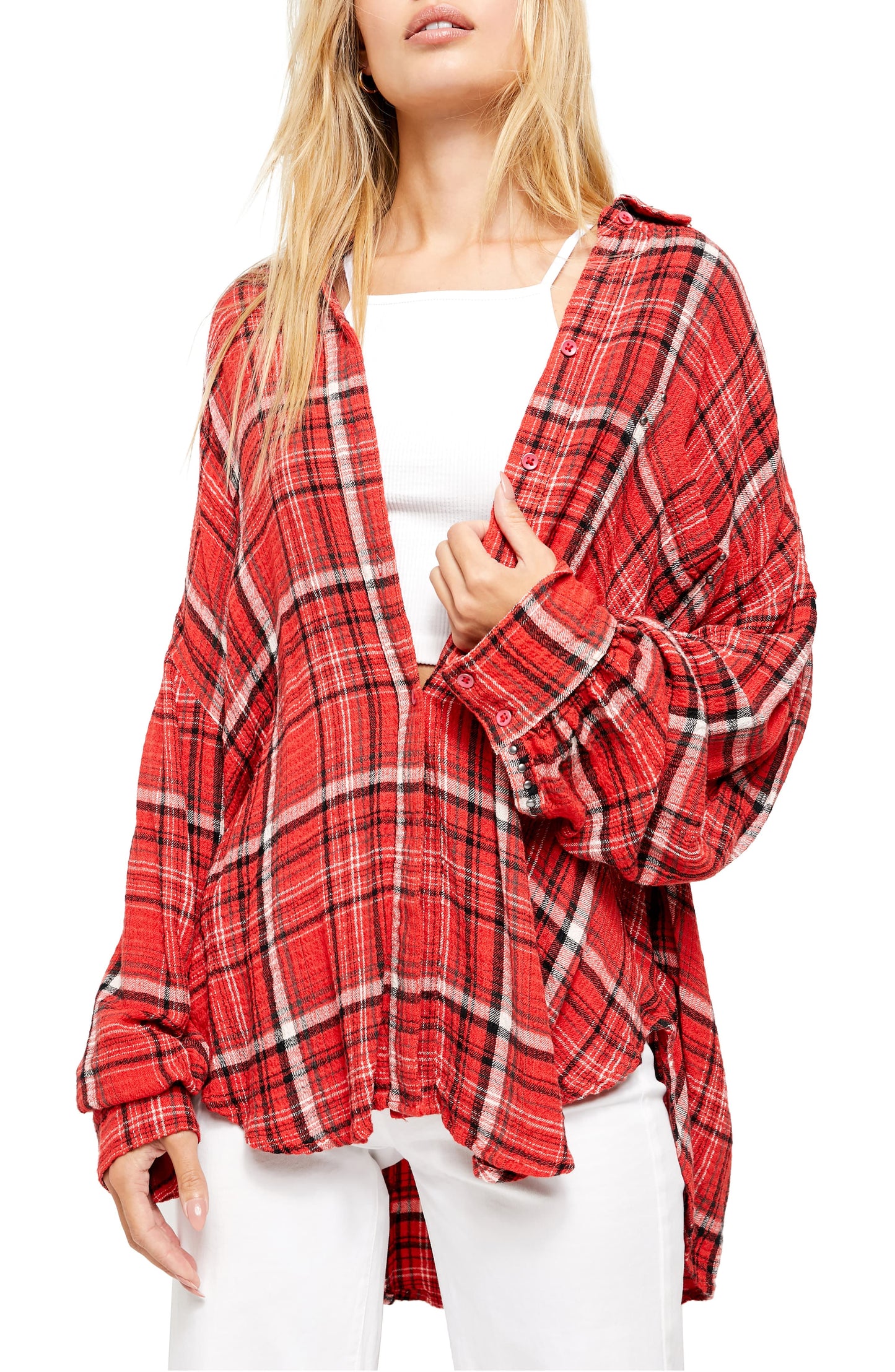 Free People Women's Hidden Valley Button Down Shirt Scarlett Red Size X-Small