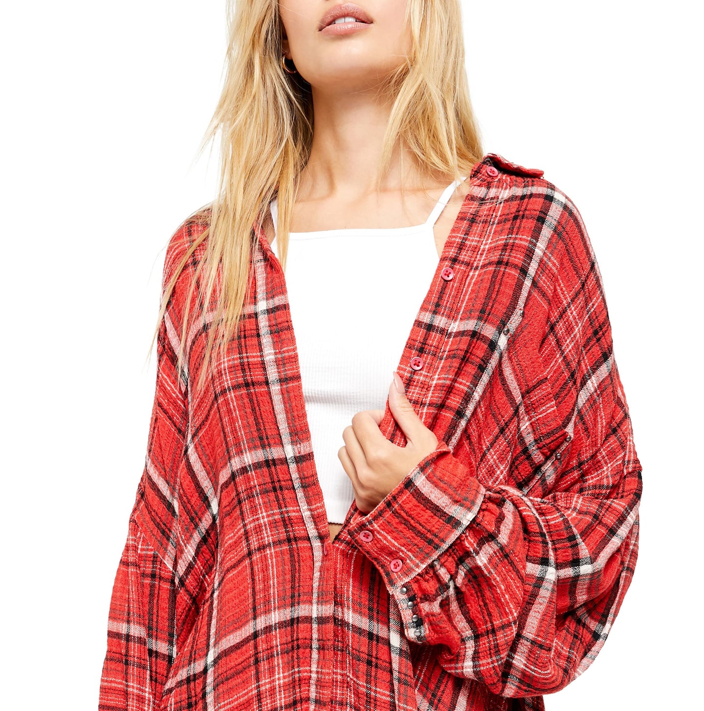 Free People Women's Hidden Valley Button Down Shirt Scarlett Red Size X-Small