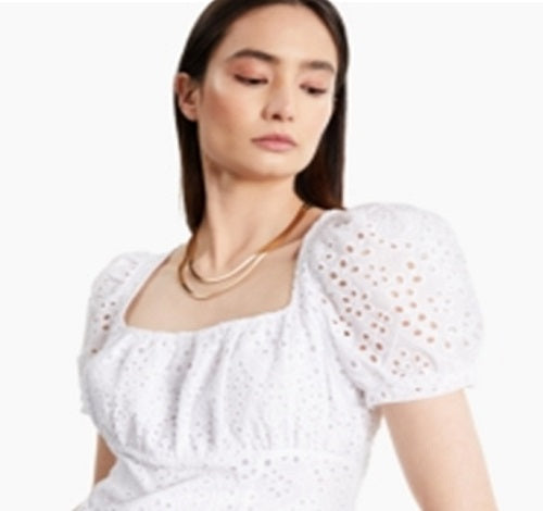 INC International Concepts Women's Cotton Eyelet Square-Neck Top  White Size Large