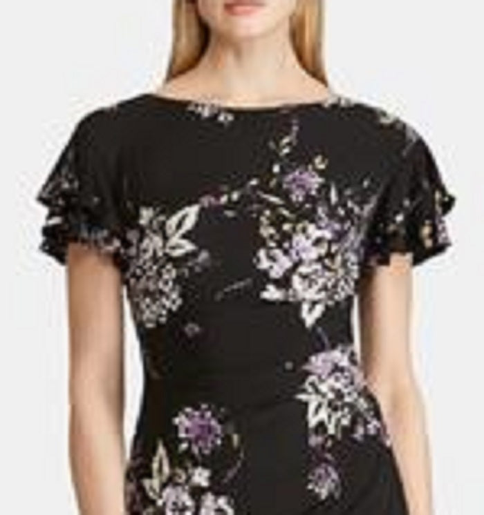 Ralph Lauren Women's Floral Jewel Neck Knee Length Wear to Work Sheath Dress Black Size 14 Petite