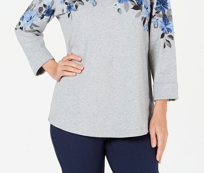Karen Scott Women's Sport Floral Graphic Sweatshirt Gray Size XS