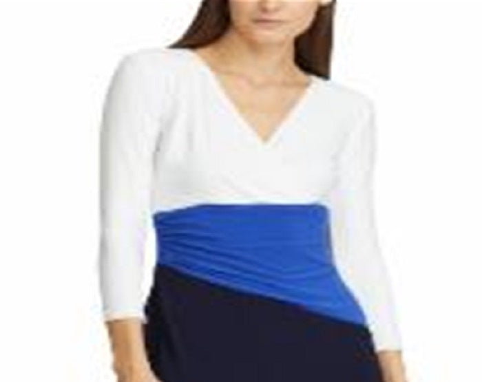 Ralph Lauren Women's Color Block Short Sleeve Jewel Neck Above the Knee Body Con Dress Blue Size 2