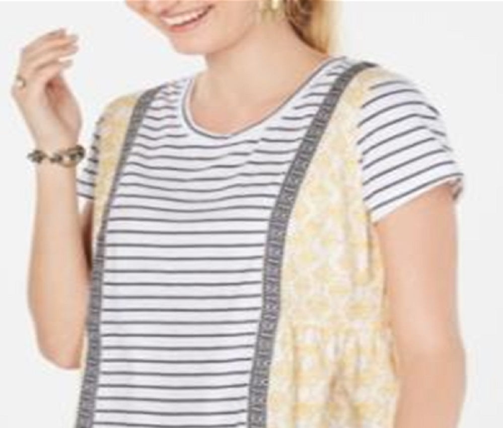 Style & Co Women's Mixed Print Striped T-Shirt Yellow Size Petite