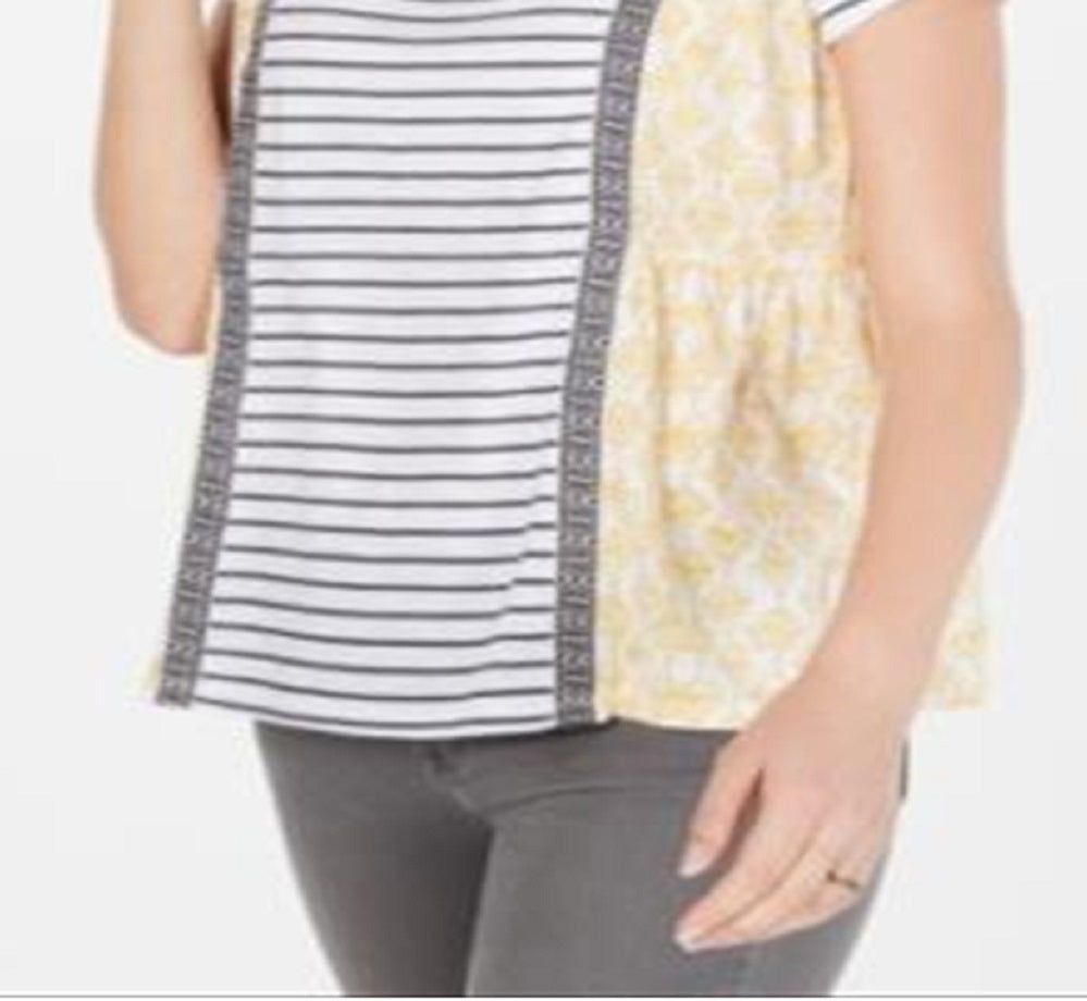 Style & Co Women's Mixed Print Striped T-Shirt Yellow Size Petite