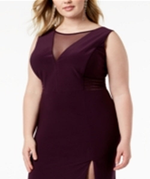Morgan & Company Women's Trendy Plus Mesh Inset Gown Purple Size 16W