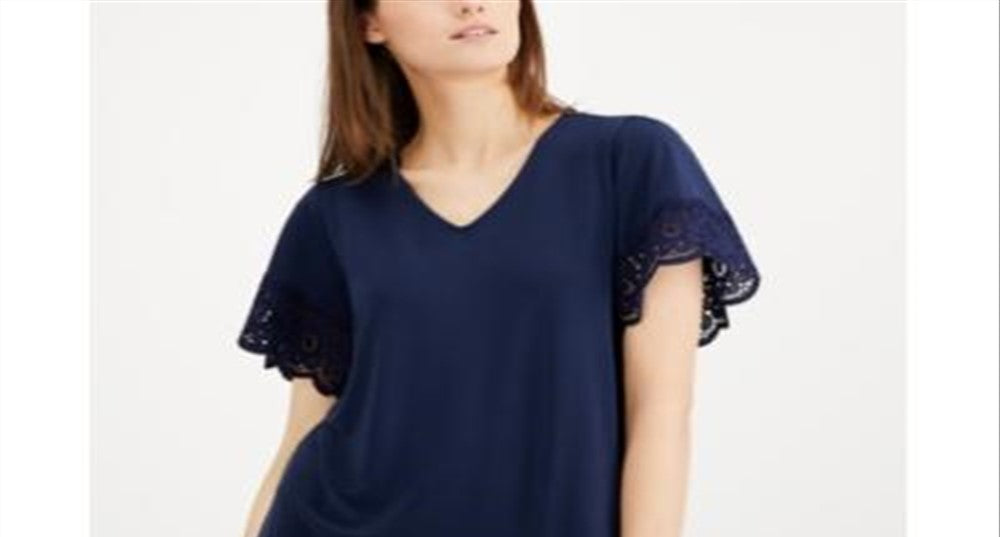 Charter Club Women's Lace Trim V Neck Top Blue Size Small