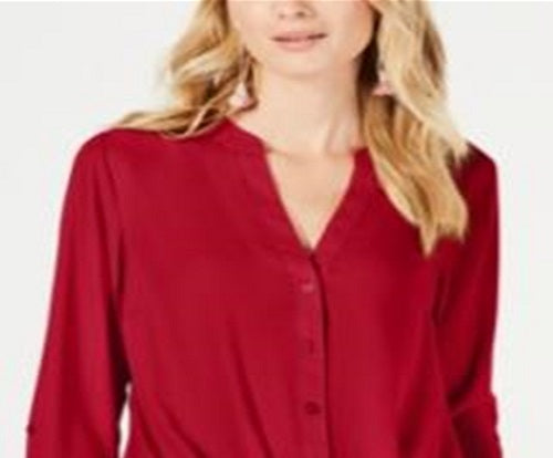 INC Women's Twist Front 3/4 Sleeve V Neck Button up Top Red Size XS