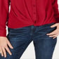 INC Women's Twist Front 3/4 Sleeve V Neck Button up Top Red Size XS