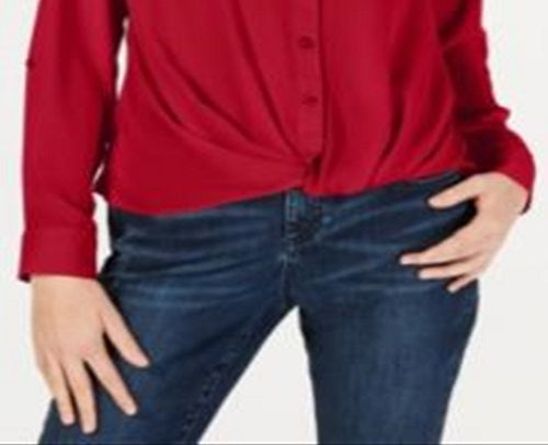 INC Women's Twist Front 3/4 Sleeve V Neck Button up Top Red Size XS