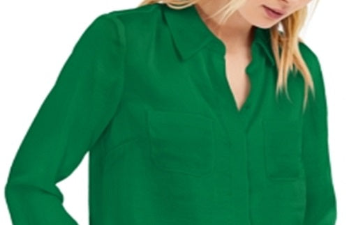 INC Women's Blouse Bright Pine Button-Front Solid Green Size Medium