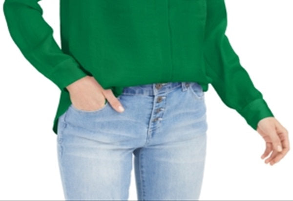 INC Women's Blouse Bright Pine Button-Front Solid Green Size Medium
