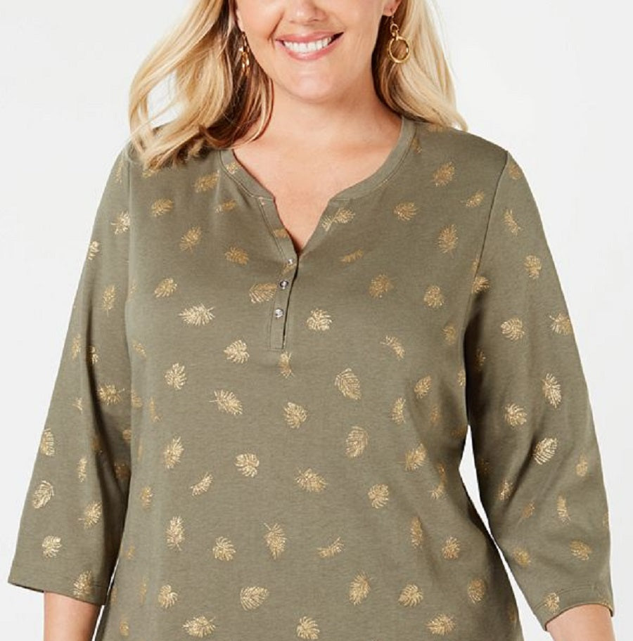 Karen Scott Women's Plus Foil Print Henley Top Green Size 0X