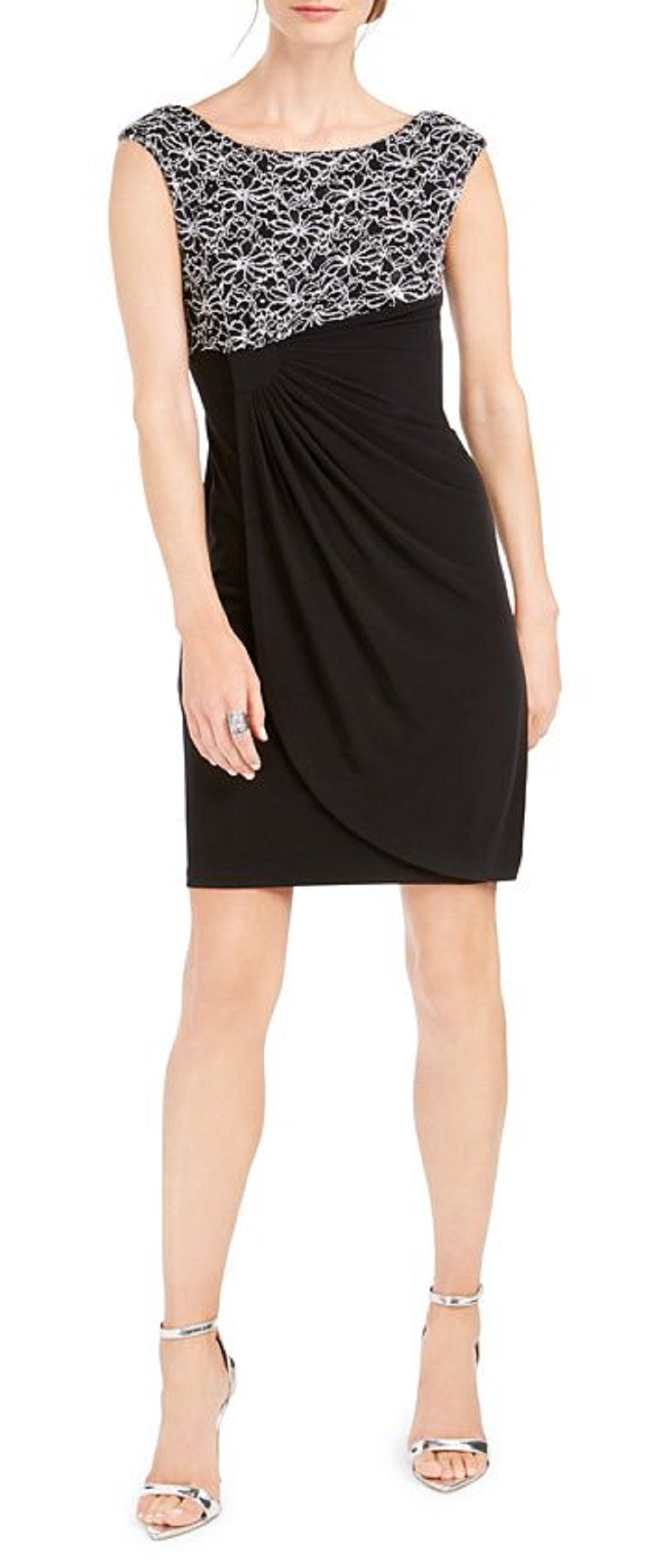 Connected Women's Ruched Sleeveless Jewel Neck Short Sheath Cocktail Dress Black Size 14 Petite