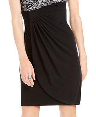 Connected Women's Ruched Sleeveless Jewel Neck Short Sheath Cocktail Dress Black Size 14 Petite