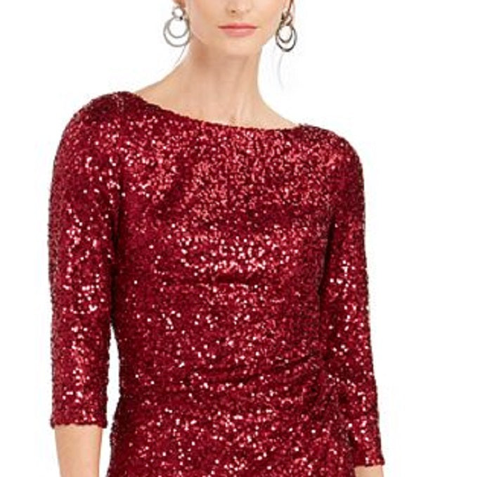 Jessica Howard Women's Sequined Long Sleeve Jewel Neck Knee Length Sheath Party Dress Red Size 14 Petite