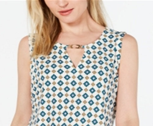 Charter Club Women's Printed Keyhole Neck Top White Size Medium