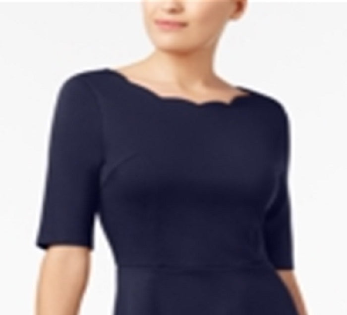 Monteau Women's Scalloped Neck Fit & Flare Dress Blue Size Petite Large