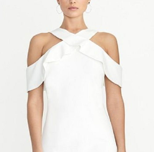 Rachel Roy Women's Ruffled Cold Shoulder Short Sleeve Halter Knee Length Party Sheath Dress White Size XX-Large