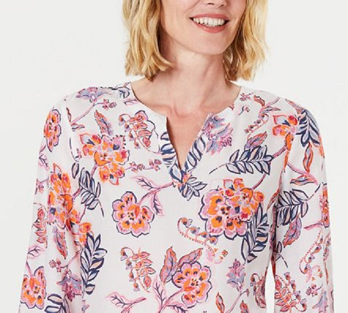 Charter Club Women's Petite Double-Floral Printed Tunic  White Size Petite M