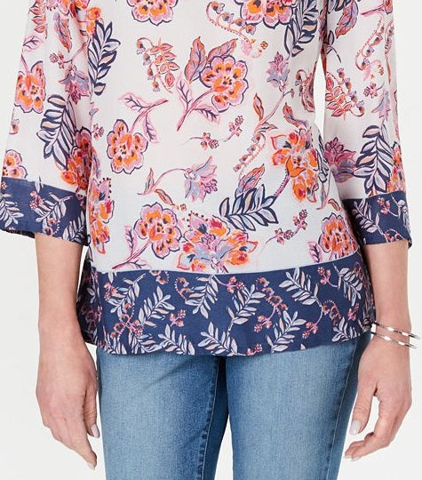 Charter Club Women's Petite Double-Floral Printed Tunic  White Size Petite M