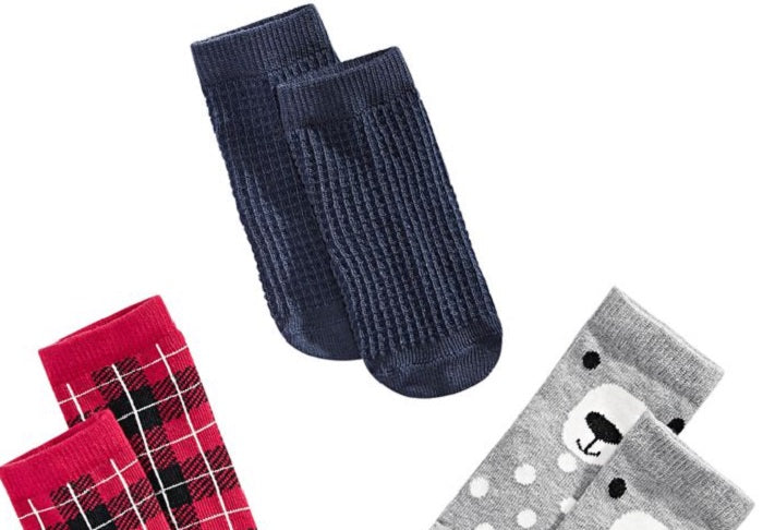 First Impressions Baby Plaid / Grid / Bear 3 Pair Socks Red Size 12-24