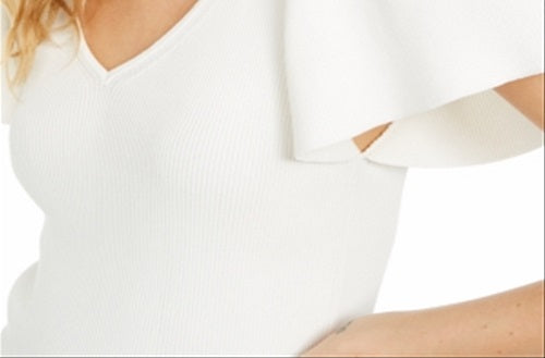 INC Internatioonal Concepts Women's V-Neck Flutter-Sleeve Sweater White Size S