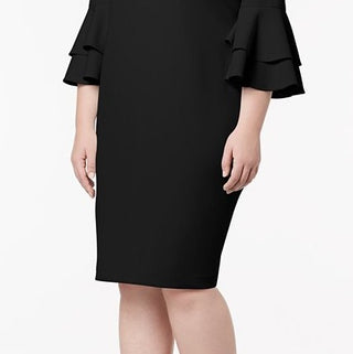 Calvin Klein Women's Ruffled Sleeves Bell Sleeve Jewel Neck Knee Length Body Con Evening Dress Black Size 14W