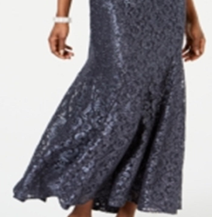 R & M Richards Women's Off the Shoulder Lace Gown Silver Size 18