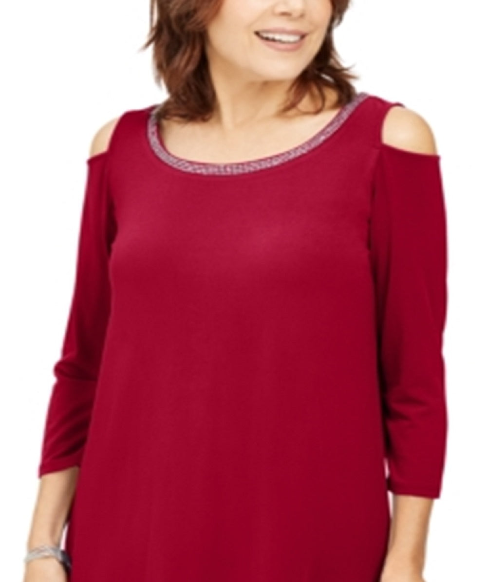 JM Collection Women's Embellished Cold Shoulder Top Red Size X-Small