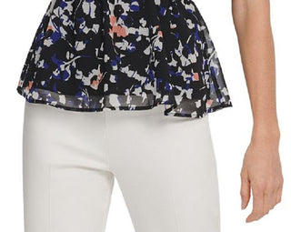 DKNY Women's Printed Short Sleeve Jewel Neck Top Black Size Large