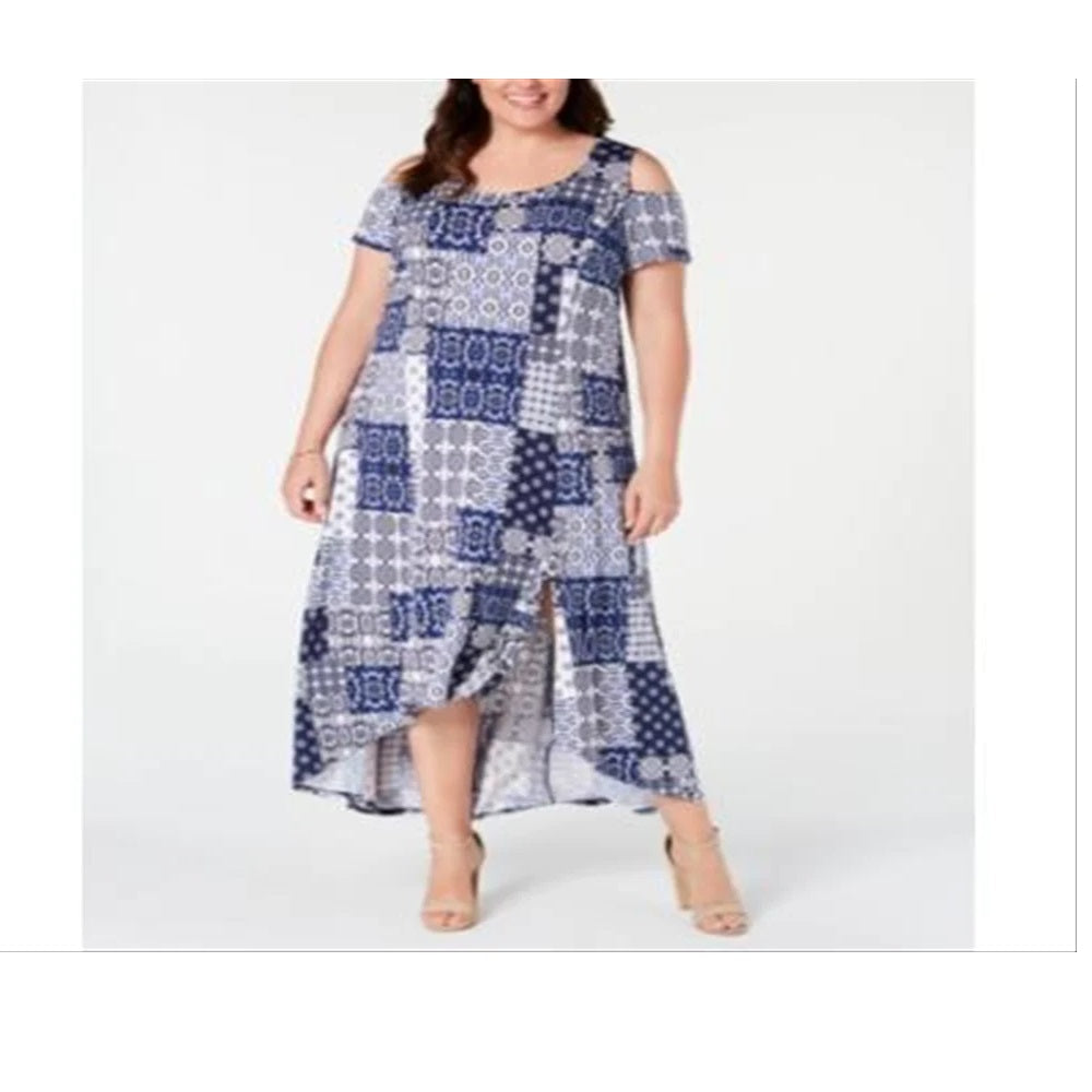NY Collection Women's Plus Printed Cold Shoulder Maxi Dress  Navy Size 2X