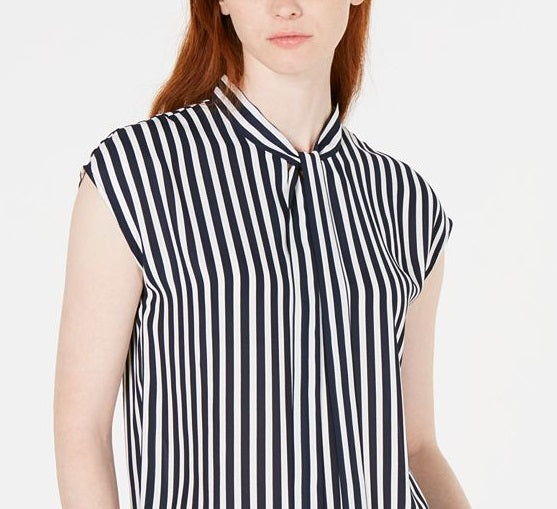 Bar III Women's Striped Tie Neck Top Brown Size S
