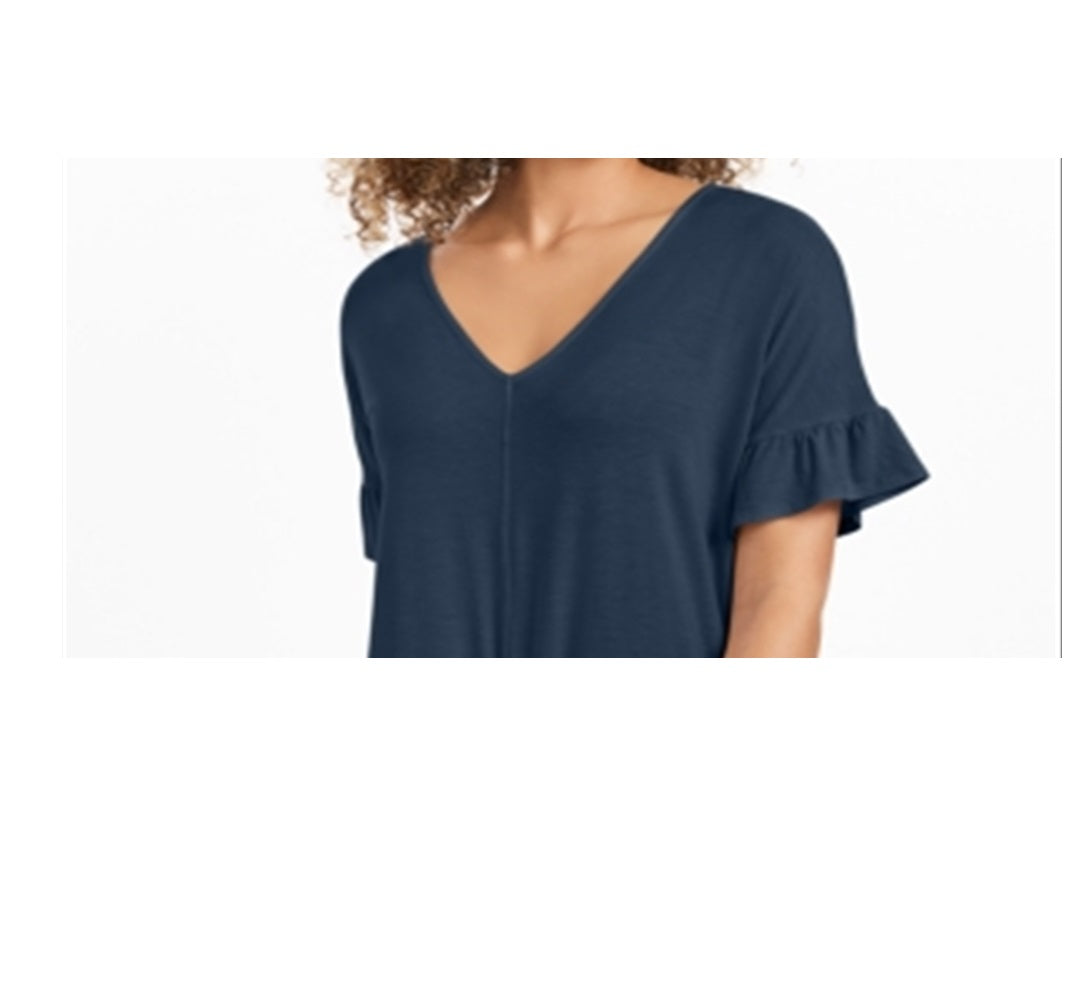 Style & Co Women's Flutter-Sleeve Tie-Front Top  Blue Size Small
