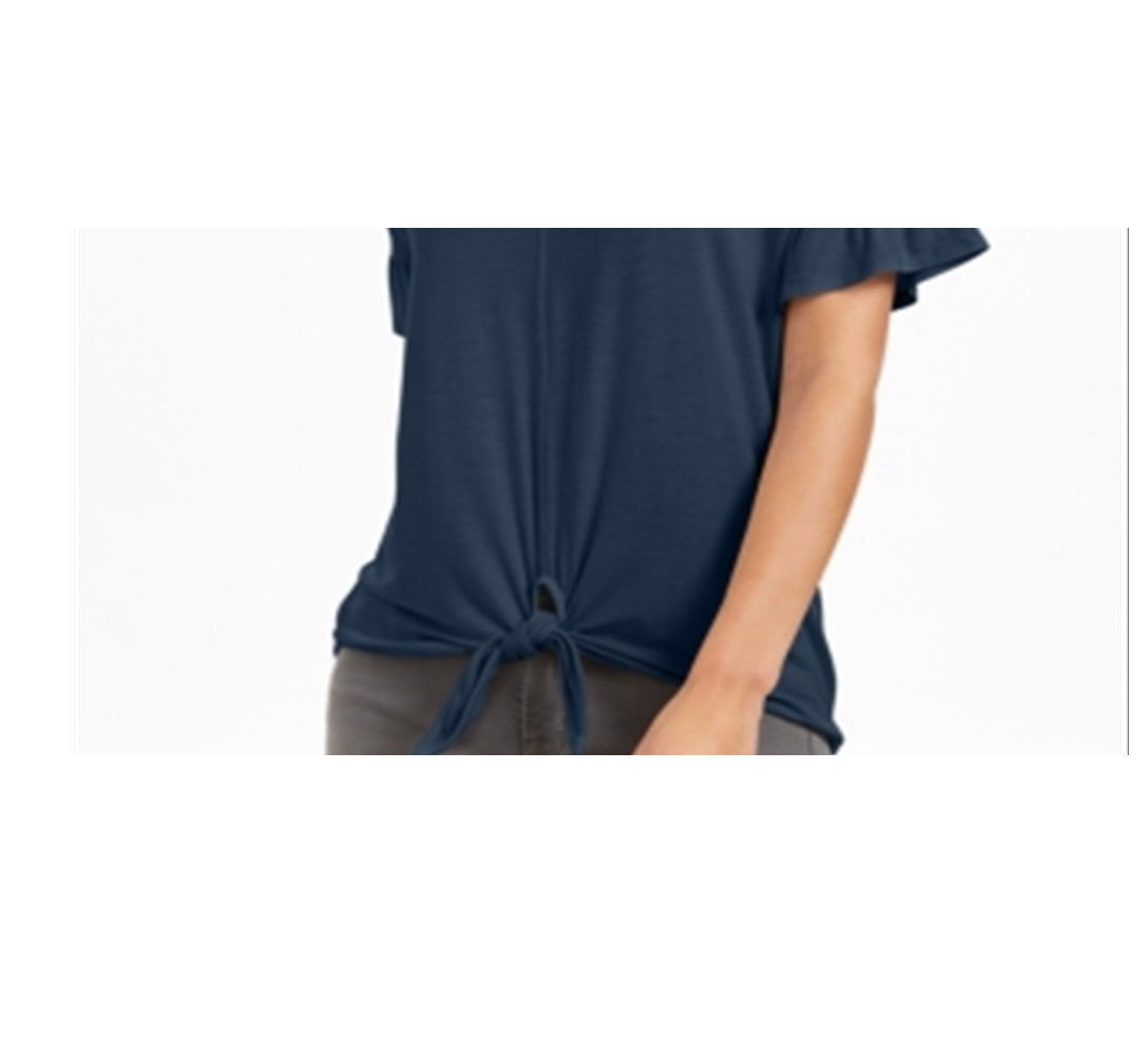 Style & Co Women's Flutter-Sleeve Tie-Front Top  Blue Size Small