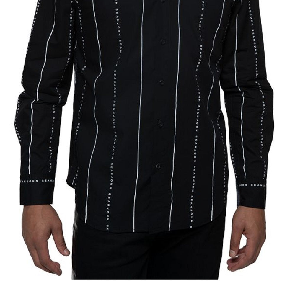 Sean John Men's Striped Logo Shirt Black Size Large