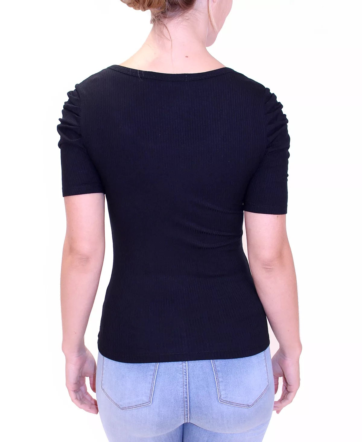 Crave Fame Junior's Puff Sleeve Ribbed Knit Top Black Size XS
