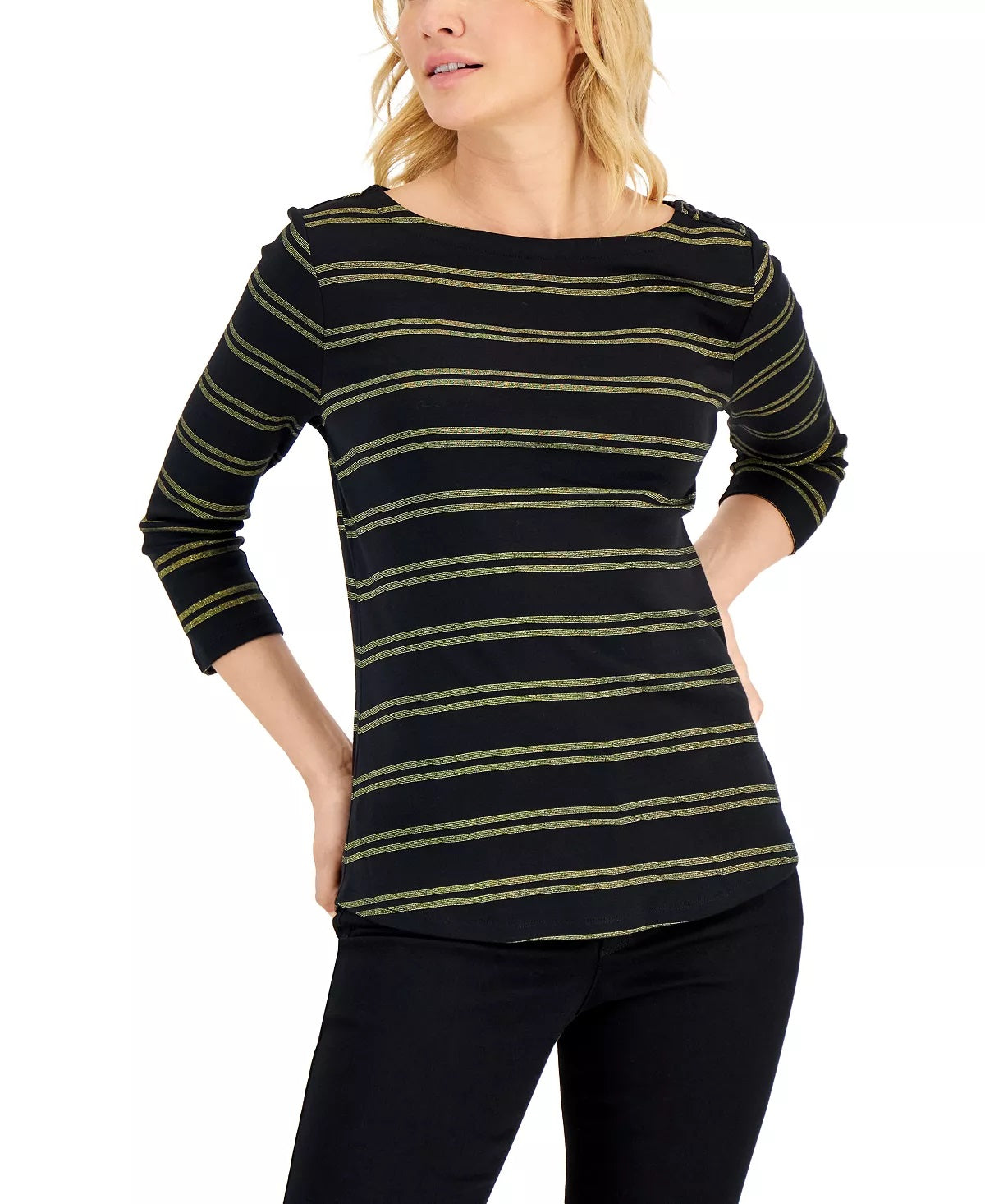 Charter Club Women's Cotton Striped Boat Neck Top Black Size Petite XL